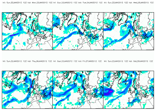 Panel de previsión de lluvias a 6 días vista por el modelo NOGAPS.