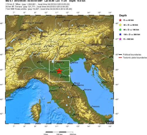 Epicentro del terremoto de 6.1 Mw que ayer azotó el norte de Italia - EMSC