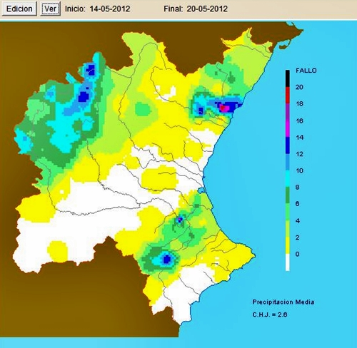 Mapa ráster con la distribución espacial de las lluvias en la cuenca del Júcar