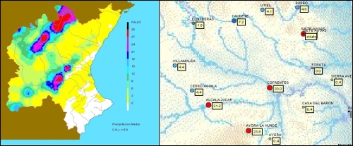 Mapa ráster y zoom zonal con las lluvias registradas en la red SAIH-CHJ 19-06