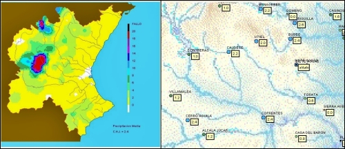 Mapa ráster y zoom zonal con las lluvias registradas en la red SAIH-CHJ 18-06
