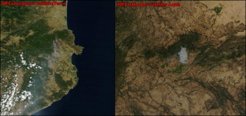 Vista desde el satélite de los dos graves incendios activos hoy en España
